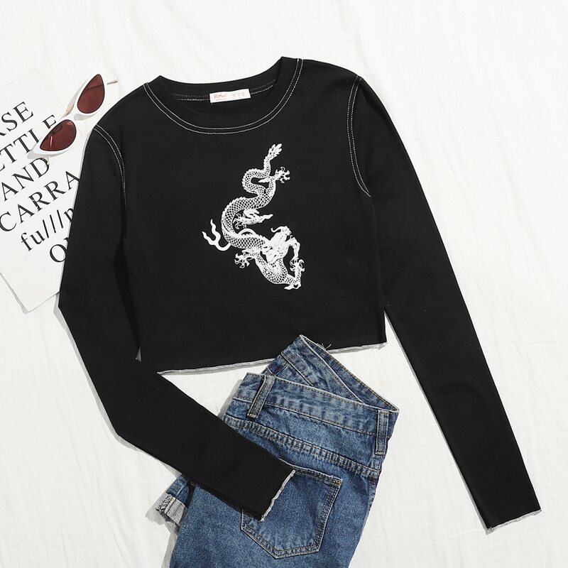 

Stitching Chinese Dragon Pattern Tee, Black
