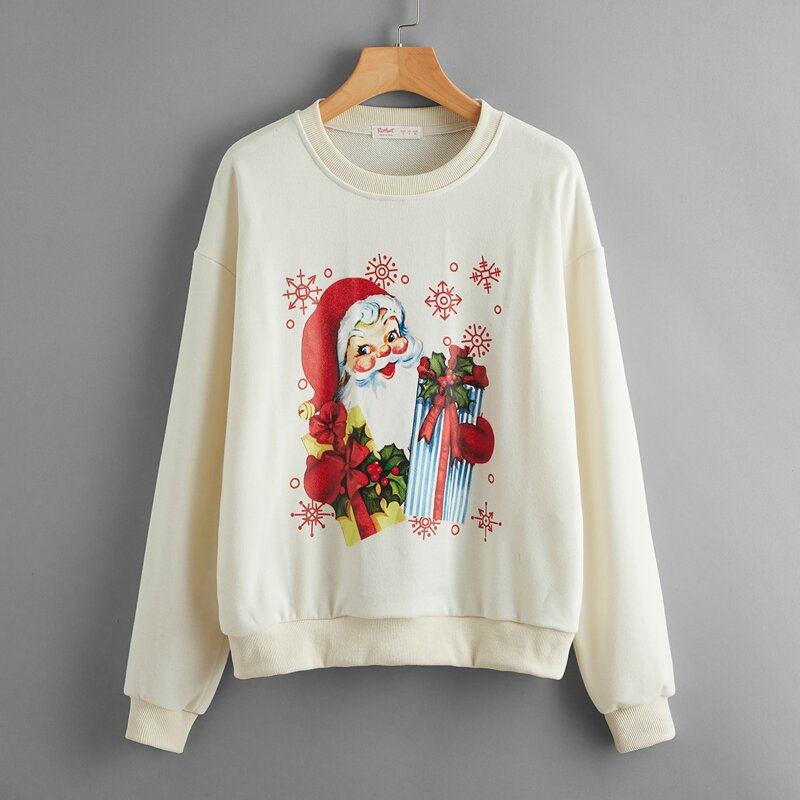 

Christmas Santa Claus Pattern Sweatshirt, Beige