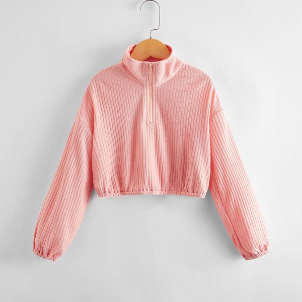 

Girls Zipper Half Placket Drop Shoulder Pullover, Coral pink