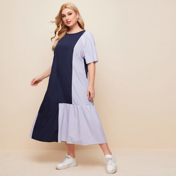 

Plus Striped Panel Flippy Hem Dress, Multicolor