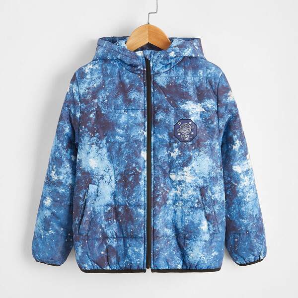 

Boys Galaxy Print Contrast Binding Tie Dye Padded Jacket, Blue