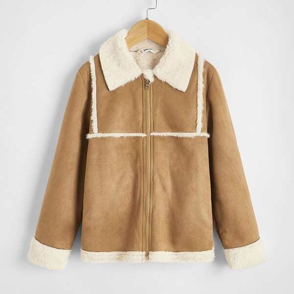 

Boys Contrast Faux Shearling Suede Coat, Khaki