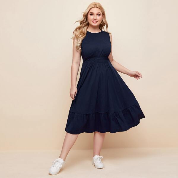 

Plus Crinkle Panel Flounce Hem Solid Dress, Navy blue