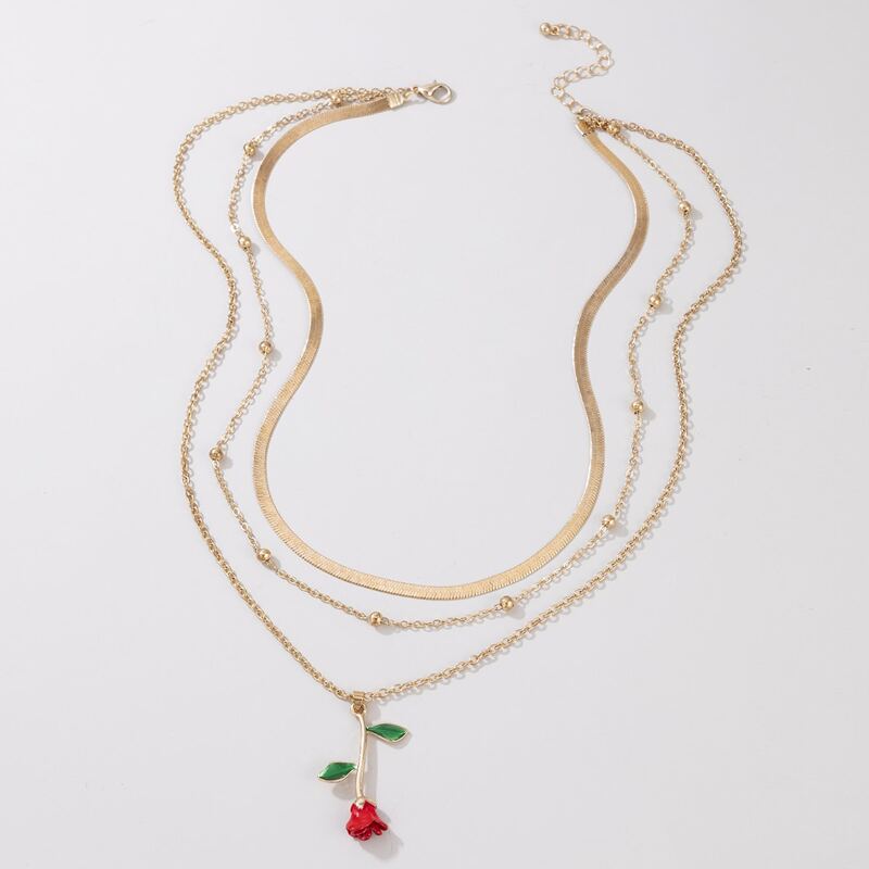 

Rose Pendant Layered Chain Necklace, Red