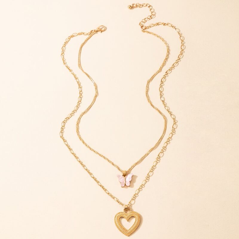 

Butterfly & Heart Pendant Layered Necklace, Gold