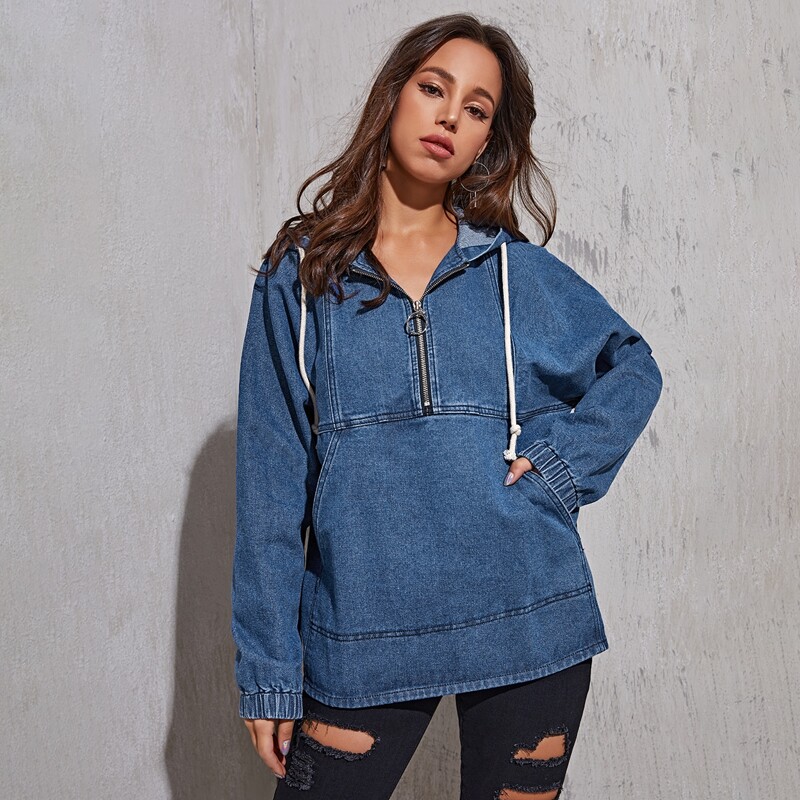 

Contrast Stitch Zip Half Placket Drawstring Hooded Denim Anorak Jacket, Medium wash