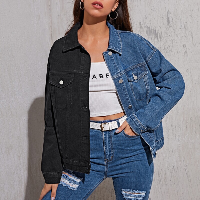 

Drop Shoulder Two Tone Denim Jacket, Multicolor
