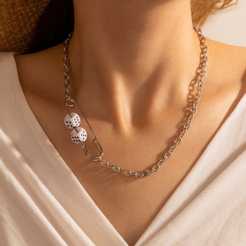 

Safety Pin & Dice Design Necklace, Silver