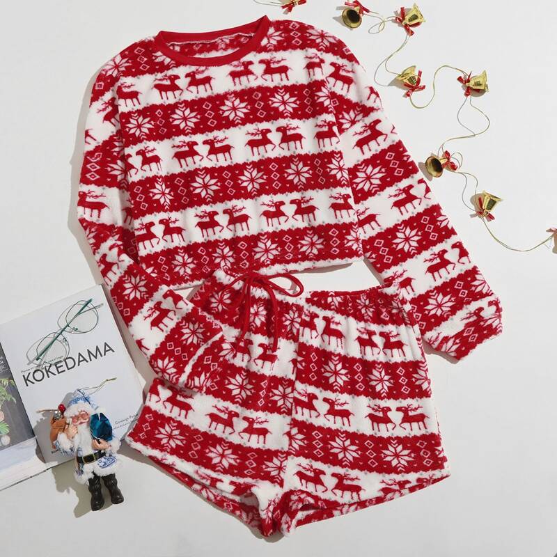 

Christmas Deer Pattern Sweatshirt & Shorts, Red