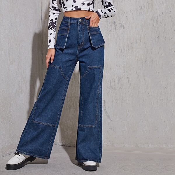 

Pocket Patched Paneled Wide Leg Jeans, Dark wash