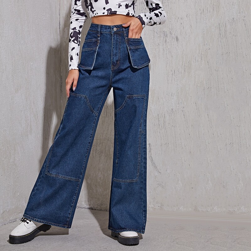 

Pocket Patched Paneled Wide Leg Jeans, Dark wash