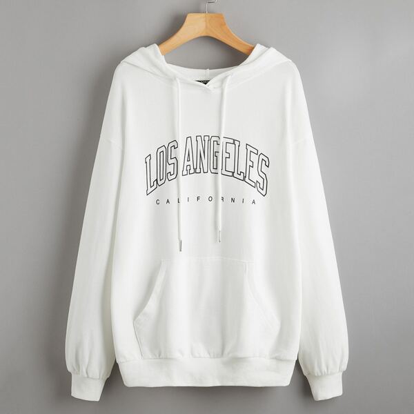

Drawstring Detail Pocket Front Letter Graphic Hoodie, White