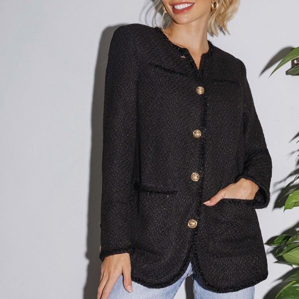 

Frayed Trim Pocket Patched Button Up Tweed Coat, Black