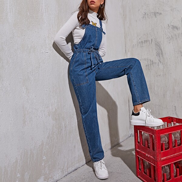 

Knotted Strap Drawstring Waist Slant Pocket Denim Overalls, Medium wash