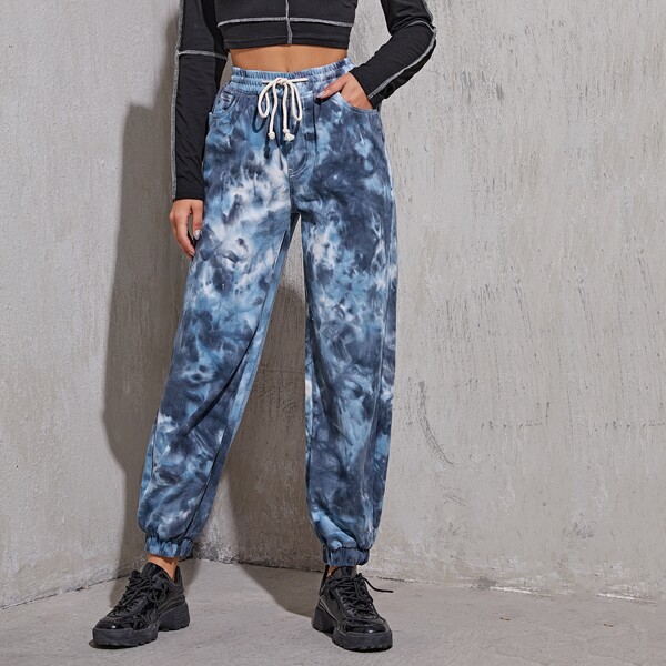 

Tie Dye Drawstring Waist Tapered Jeans, Blue