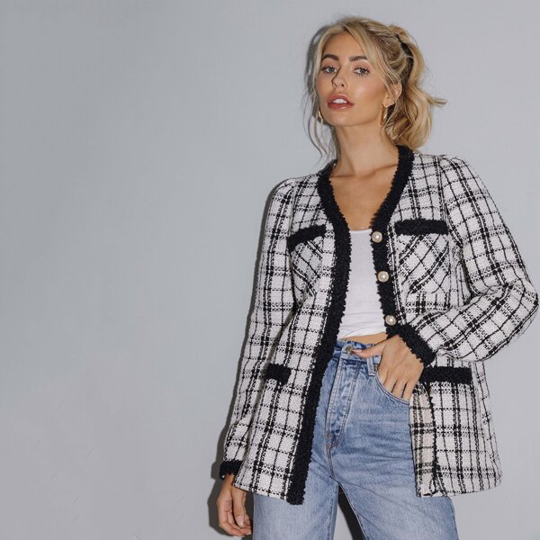 

Frayed Trim Pocket Patched Plaid Tweed Coat, Black and white