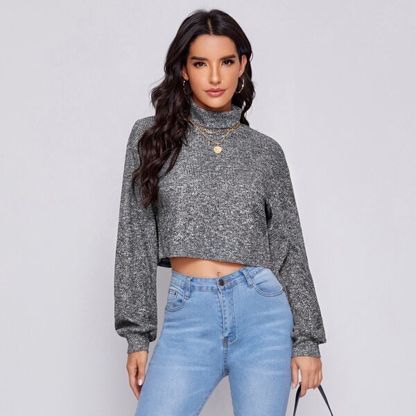 

Rolled Neck Lantern Sleeve Crop Tee, Dark grey