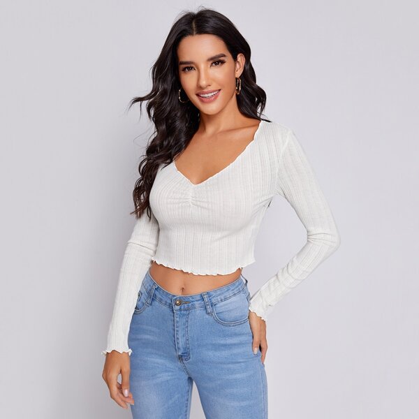 

Ruched Front Lettuce Trim Crop Tee, White