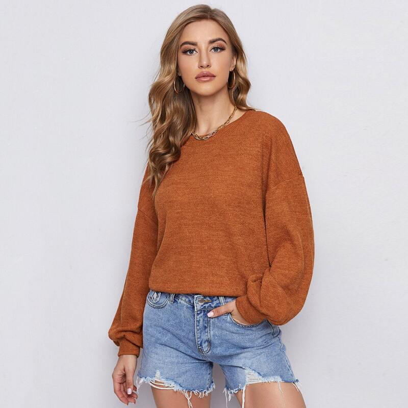 

Drop Shoulder Lantern Sleeve Sweater, Brown
