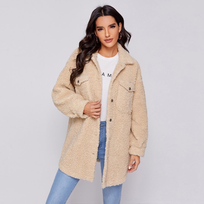

Press Buttoned Flap Pocket Front Teddy Coat, Apricot