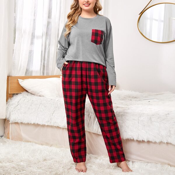 

Plus Pocket Front Top & Buffalo Plaid Pants PJ Set, Multicolor