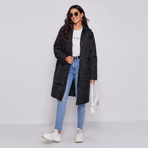 

Press Buttoned Zip Up Hooded Puffer Coat, Black