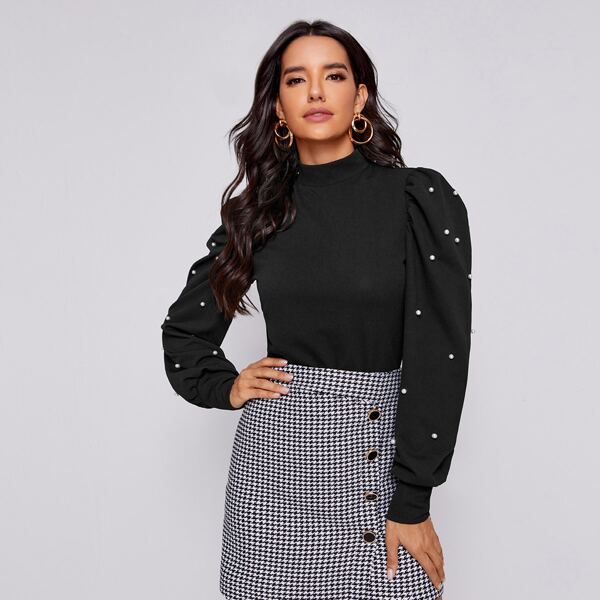 

Mock-Neck Pearls Beaded Sleeve Top, Black