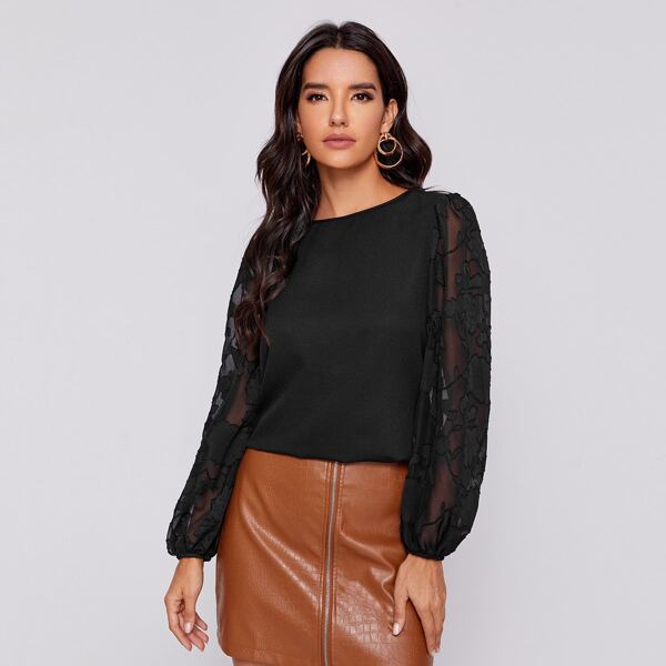 

Floral Applique Jacquard Sheer Lantern Sleeve Top, Black