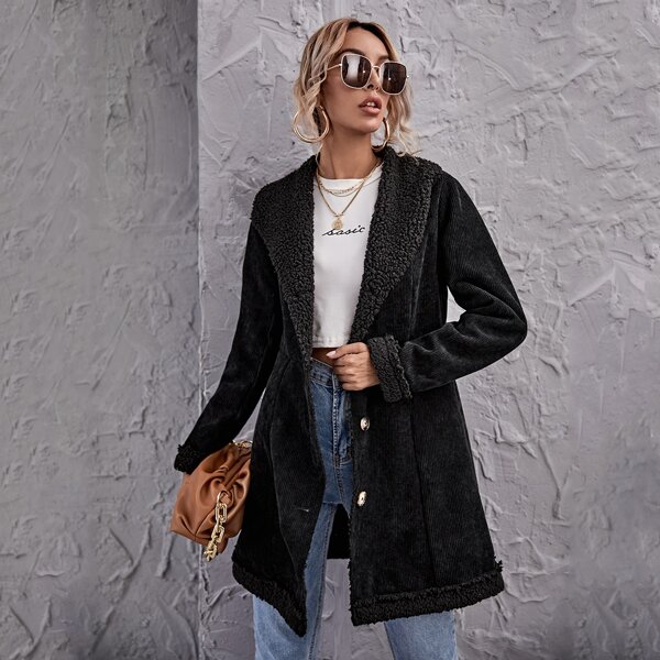 

Waterfall Collar Buttoned Front Teddy Lined Cord Coat, Black