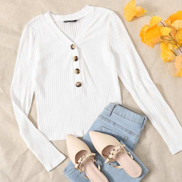 

Buttoned Front Rib-knit Tee, White
