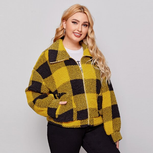 

Plus Drop Shoulder Buffalo Plaid Teddy Jacket, Multicolor