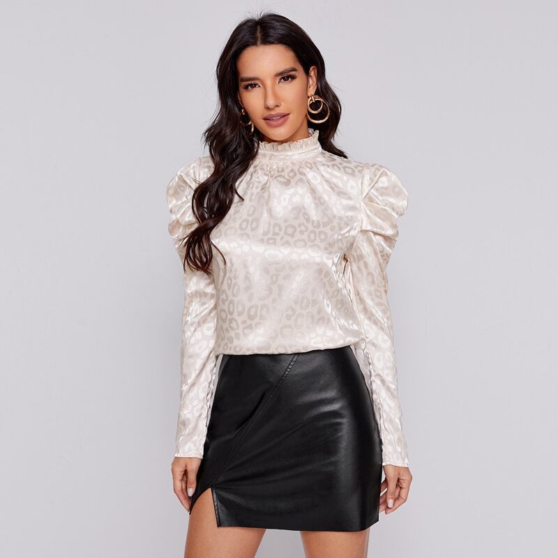 

Frill Neck Leg-of-mutton Sleeve Leopard Top, Beige
