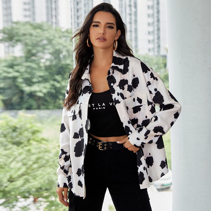 

Collared Flap Pocket Front Cow Print Coat, Black and white