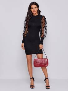 SHEIN Privé Flocked Polka Dot Mesh Lantern Sleeve Bodycon Dress - Black - View 4