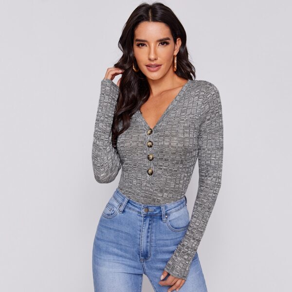 

Buttoned Front Fitted Tee, Grey