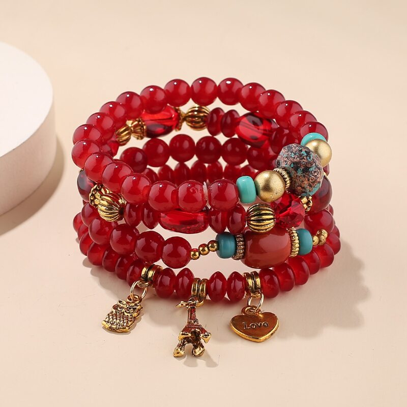 

4pcs Heart & Owl Charm Beaded Bracelet, Red