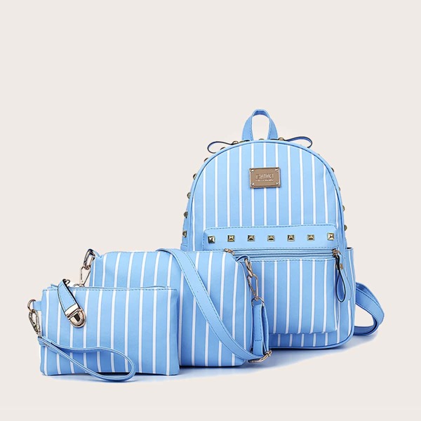 

3pcs Studded Decor Striped Backpack Set, Blue