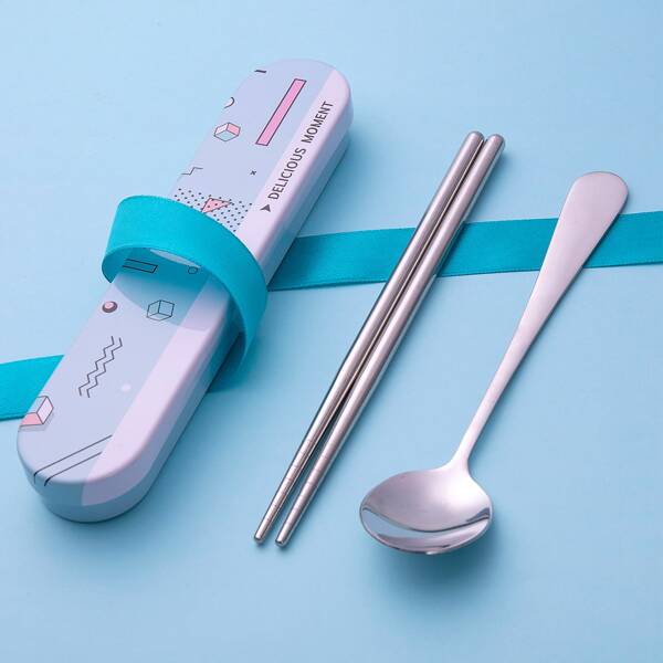 

1pc Chopstick & 1pc Spoon & 1pc Box, Multicolor