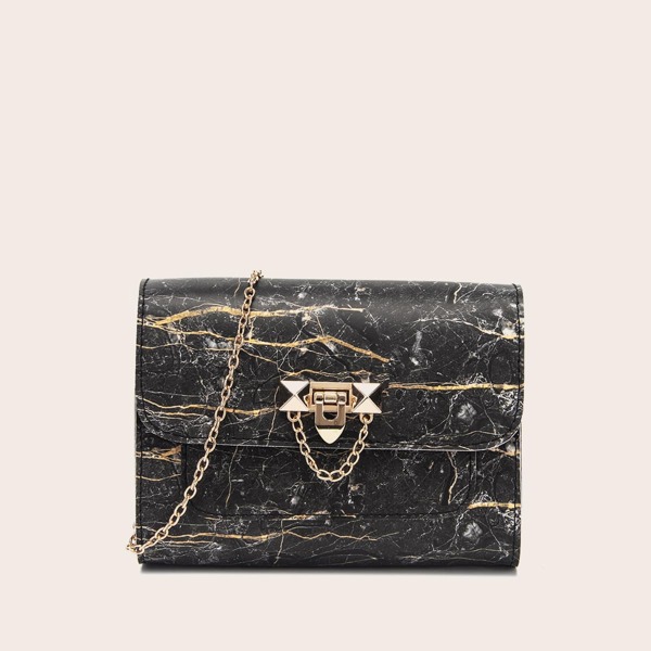 

Marble Print Chain Crossbody Bag, Black