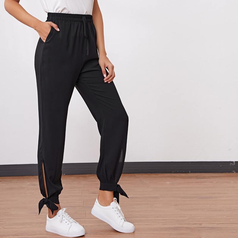 

High-Waist Knot Split Hem Pants, Black