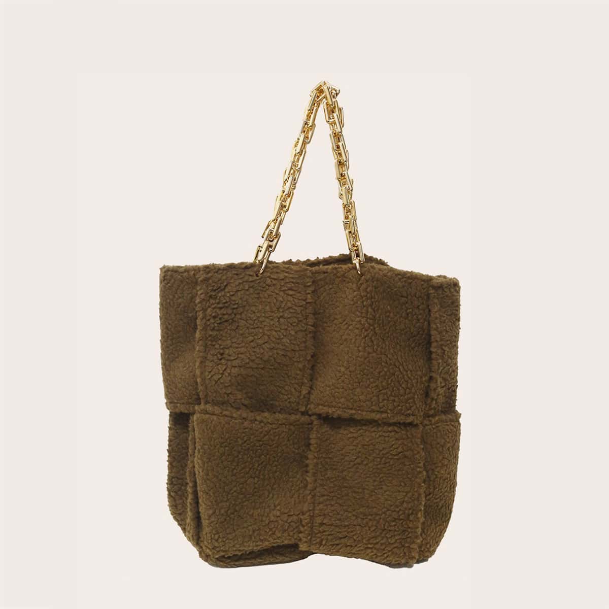 

Braided Chain Fluffy Tote Bag, Coffee brown