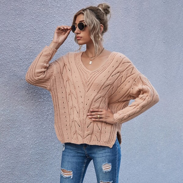 

Cable Knit Split Hem Sweater, Apricot