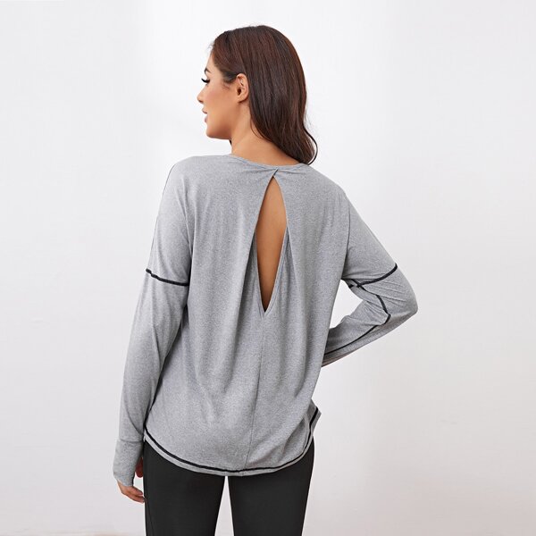 

Cut Out Back Drop Shoulder Thumb Holes Sports Tee, Light grey