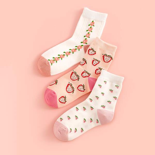 

3pairs Strawberry Pattern Socks, Multicolor