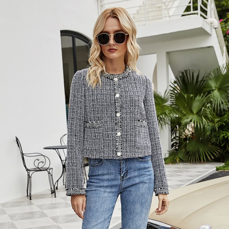 

Single Breasted Crop Tweed Jacket, Black and white