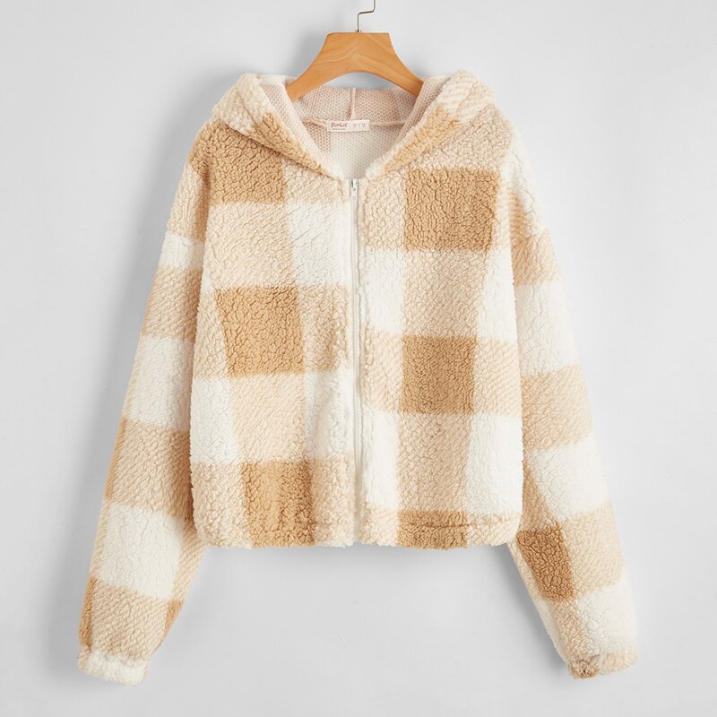 

Plaid Teddy Hoodie Jacket, Multicolor