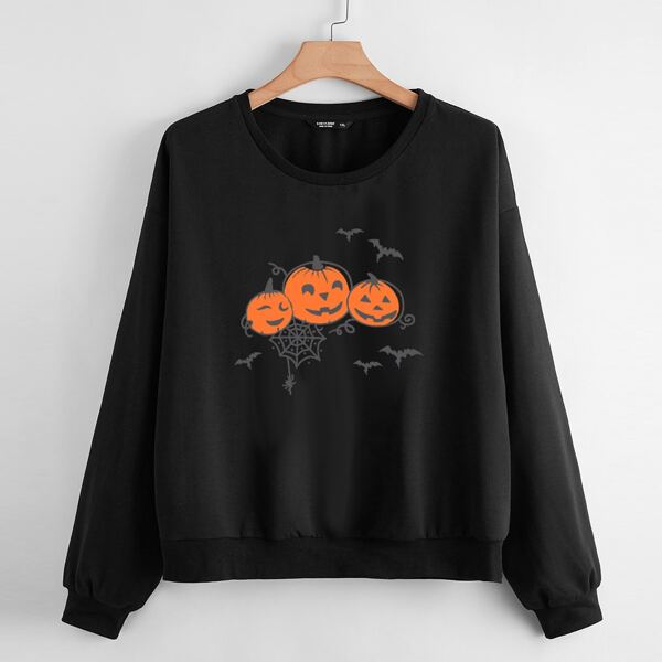 

Plus Drop Shoulder Halloween Print Sweatshirt, Black