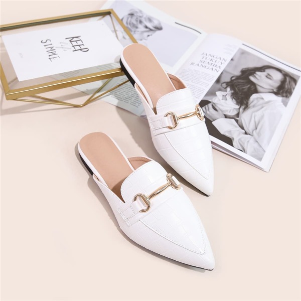 

Horsebit Decor Croc Embossed Loafer Mules, White