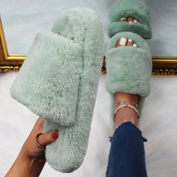 

Open Toe Fluffy Slippers, Green
