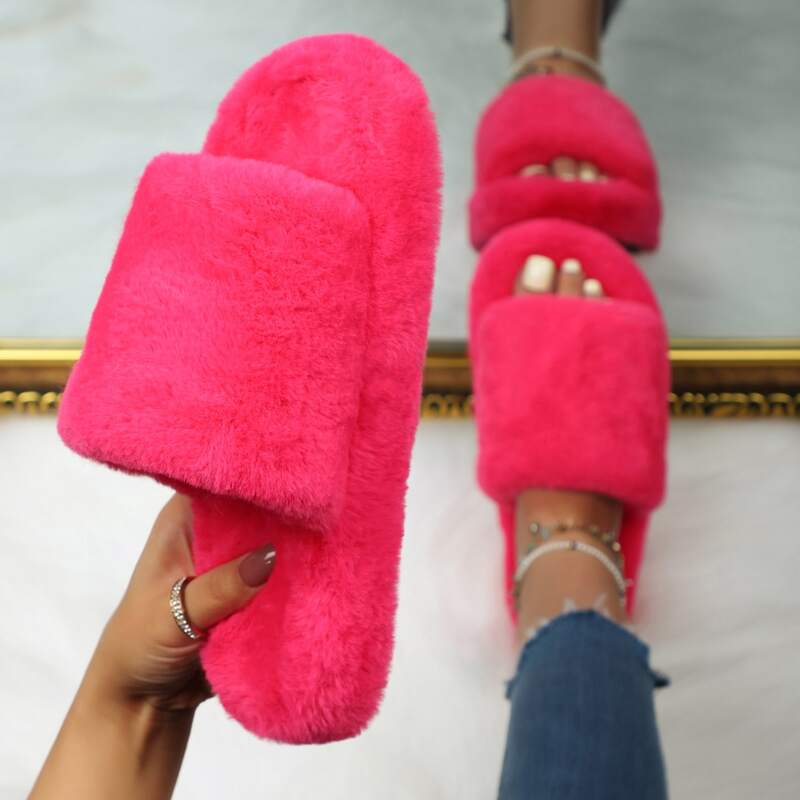 

Open Toe Fluffy Slippers, Hot pink